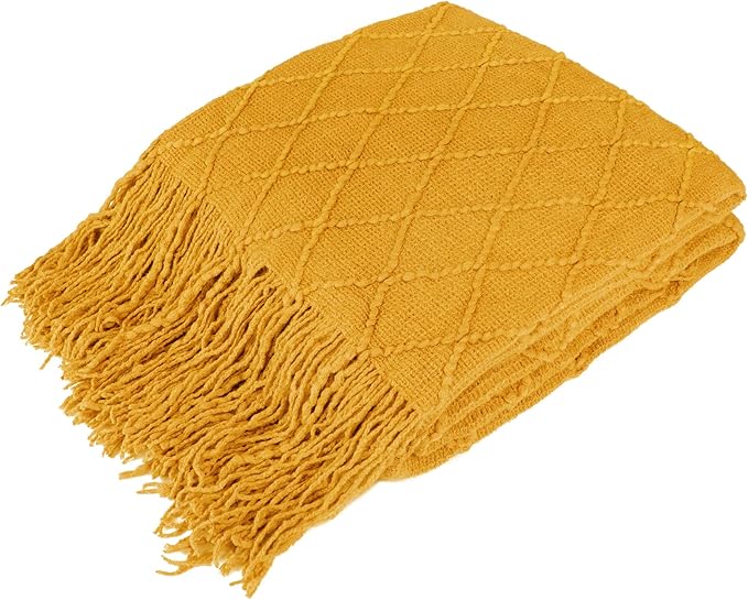 PAVILIA Mustard Yellow Knit Throw Blanket for Couch Bed, Soft Knitted Farmhouse Sofa Throw for Living Room, Lightweight Decorative Fall Throw Blanket for Chair, Outdoor Textured Boho Blanket, 50x60