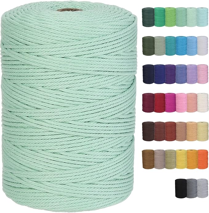Macrame Cord 3mm x 328yards Natural Macrame Cotton Rope Colored Macrame Rope Soft Cotton Cord Macrame Supplies Craft Rope Macrame Yarn for Plant Hanger Wall Hanger Dreamcatcher (Mint)