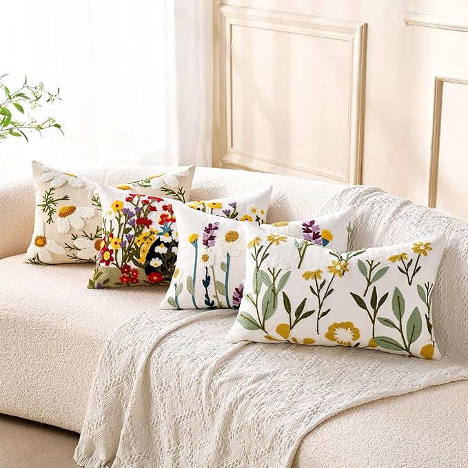 Embroidered Lumbar Pillow Covers Boho Farmhouse Daisy Tufted Pillow Covers Floral Decorative Couch PillowCases 12x20 Cottagecore Square Cushion Cover Set of 2 for Living Room Couch Sofa Bed Home Decor
