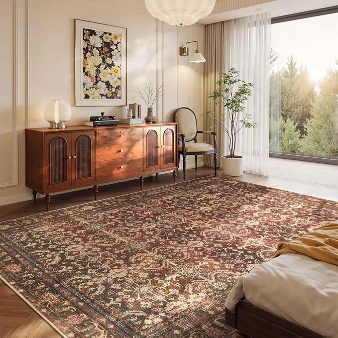 6x9 Area Rugs for Living Room Bedroom, Large Washable Christmas Rug, Vintage Oriental Boho Rug, Non Slip & Low Pile Faux Wool Thin Carpet for Indoor Dining Room, Classroom Dorm and Kids Room