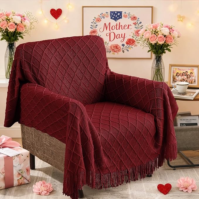 inhand Claret Knitted Throw Blanket for Couch Bed, Mothers Day/Mom Birthday Gifts for Mom from Daughter Son, Soft Lightweight with Tassels, Farmhouse Warm Decorative Blanket for Women, 60"x80"
