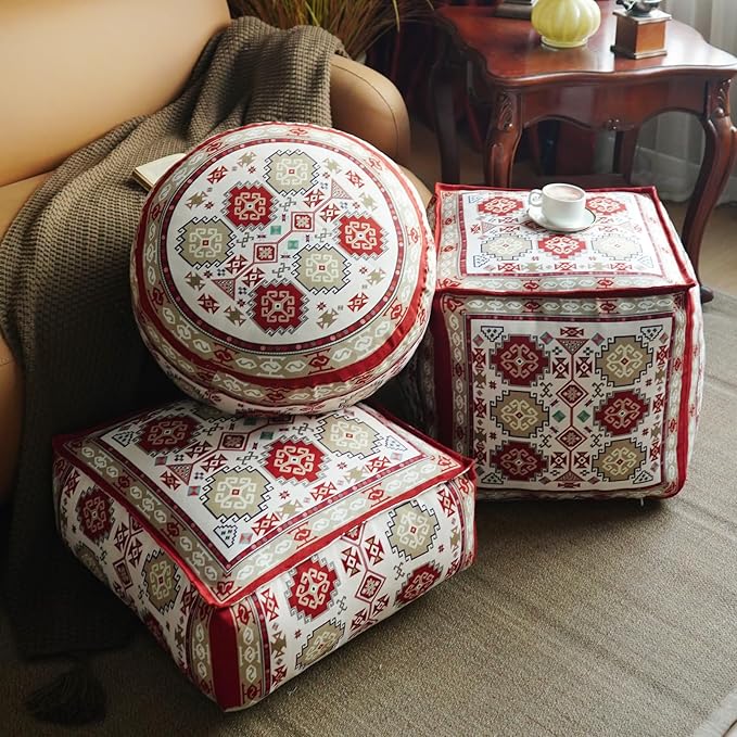 Unstuffed Pouf Cover Ottoman Footrest Bohemian Chenille Foot Stool Floor Bean Bag 20x20x8 Inches for Living Room Bedroom Home Decor (Red, Square)