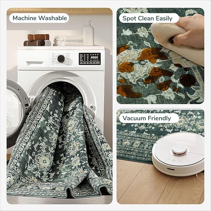 Lessymo 6x9 Area Rugs for Living Room, Machine Washable Non Slip Rug, Soft Low Pile Carpet for Bedroom Dining Home Office, Vintage Dark Green Distressed Floral Floor Mat
