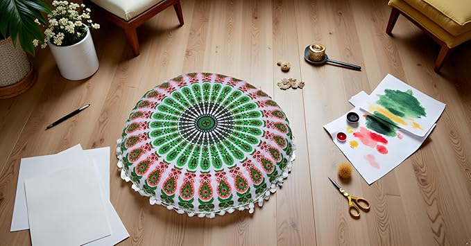 CRAFT KALA 22" Mandala Meditation Floor Pillows Cover Pouf Cover Round Seating Bohemian Mandala Cotton Floor Cushion Cover Outdoor Fireplace Seating Living Room Yoga Room Home Décor Green Red Floral