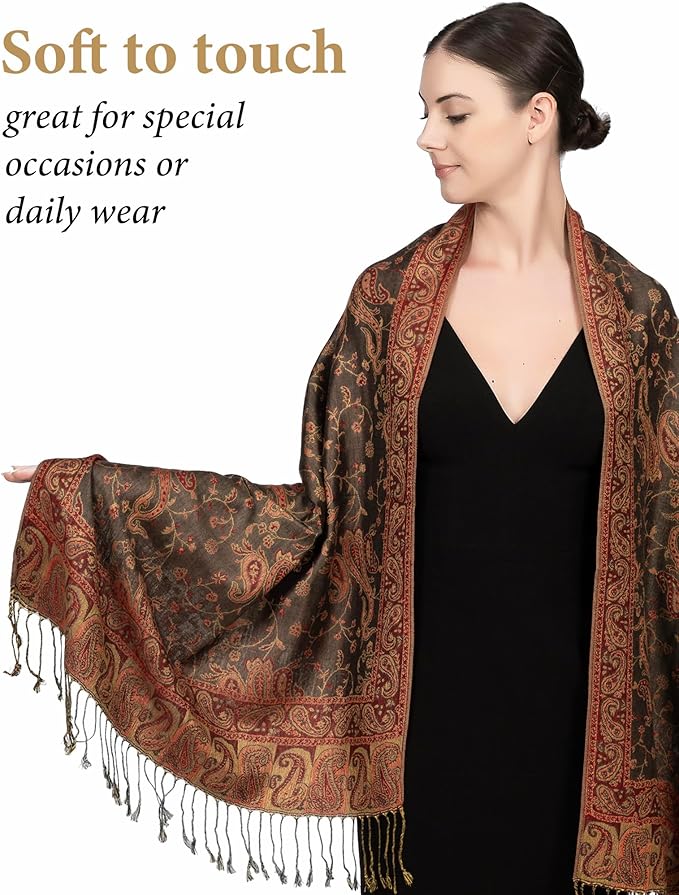 Achillea Reversible Paisley Pashmina Rave Scarf – Exotic Indian Shawls and Wraps for Evening Dresses, Festivals, All Seasons