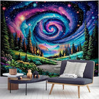 Apdidl Space Galaxy Forest Tapestry for Bedroom, Green Nature Landscape Colorful Night Starry Sky Stars Wall Tapestry, Mysterious Nebula Mountain Wall Hanging Backdrop Decor for Living Room 51" X 60"