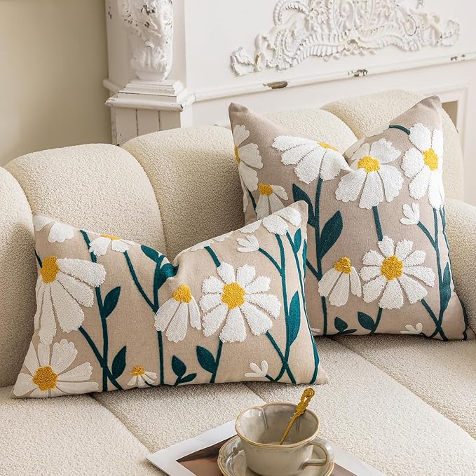 vctops Boho Floral Tufted Decorative Throw Pillow Cover Botanical Embroidered Cotton Cushion Cover for Couch Sofa Bed (Flower E,12"x20")
