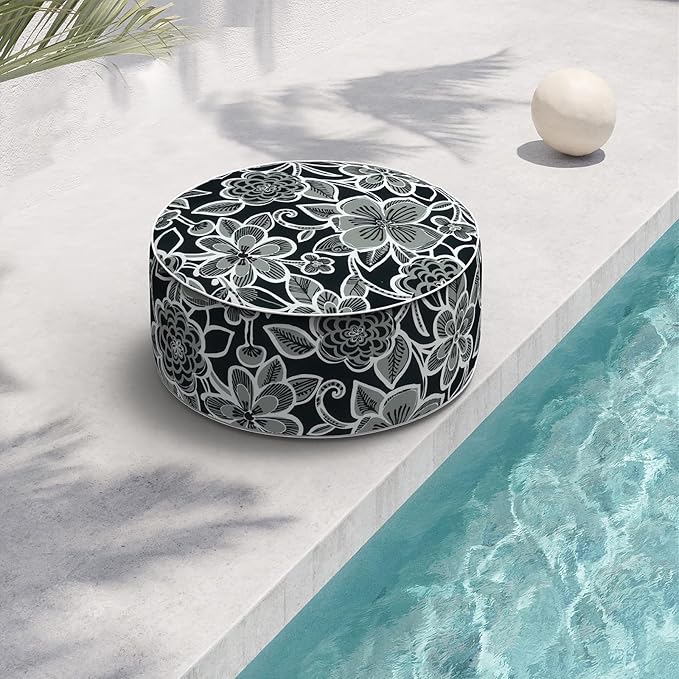 Indoor/Outdoor Inflatable Ottoman D21 x H9 inch, Round Footstool Inflatable Foot Rest Ottomans with Handle, Portable Ottoman Pouf for Patio, Garden, Camping, Home,Flower Black