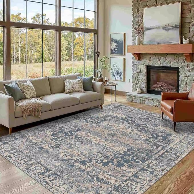 5x7 Area Rugs for Living Room Bedroom, Blue Washable Rug, Vintage Retro Boho Rug, Non Slip & Low Pile Faux Wool Thin Carpet for Indoor Dining Room and Kids Room(Blue 5x7ft)