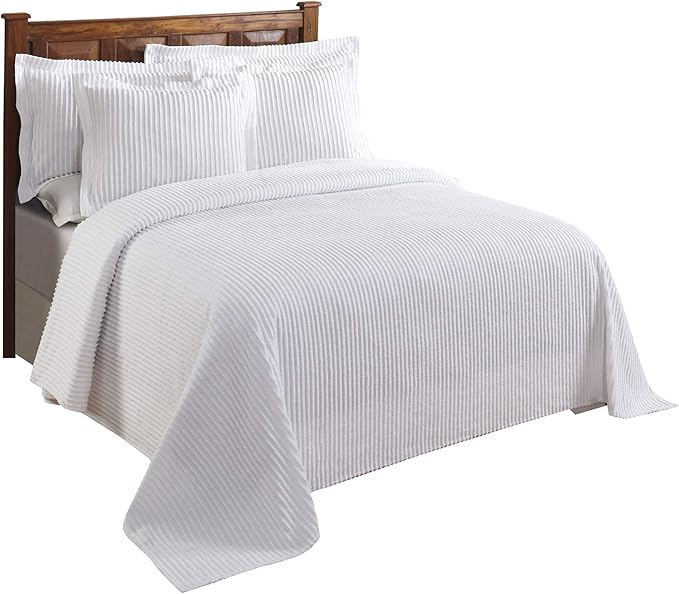Better Trends Chenille Bedspreads Queen Size, White 100% Cotton Chenille Stripe Design Tufted Bedding Coverlet Soft Lightweight, 102"x110" 1 Pieces Jullian Collection