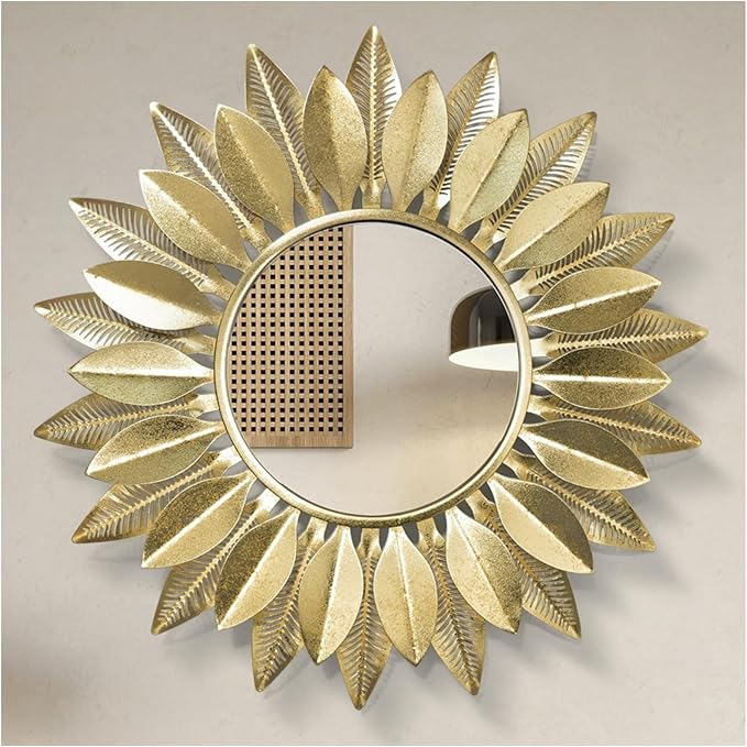 24" Gold Sunburst Decorative Wall Mirror – Handmade Flower Design, Luxury Round Accent Mirror Boho Wall Decor for Bedroom,Entryway, Dining Room & Kitchen