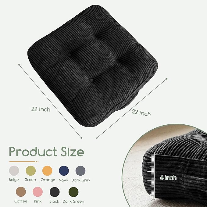 HIGOGOGO 6" Extra Thick Floor Pillow Cushion for Adults, Meditation Cushion Pillow, Large Square Floor Sitting, Tufted Corduroy Cover, for Tatami Living Room or Yoga, 22x22 Inch, Black