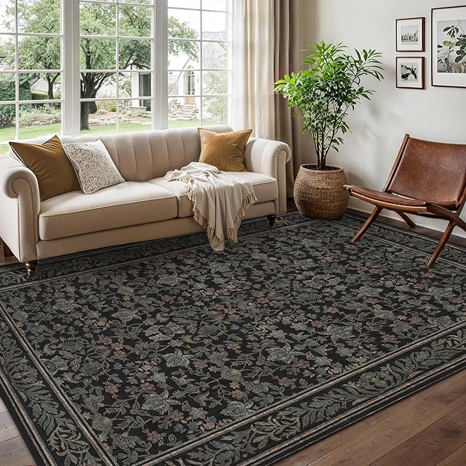 GarveeHome 8x10 Area Rugs Washable Rug for Living Room, Boho Vintage Large Area Rug for Bedroom Soft Non Slip Low Pile Indoor Stain Resistance Throw Carpet for Dining Room Office Black