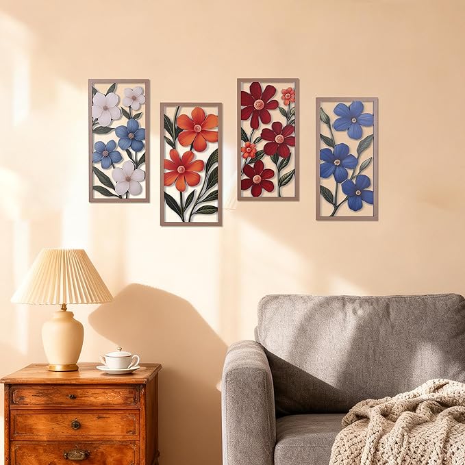 suruim Boho Wall Art Set of 4, Abstract Geometric Wooden Wall Decor, Mid-Century Modern Aesthetic Artwork with Arch, Vase & Botanical Design for Modern Home Decor for Bedroom, Office & Living Room(G)