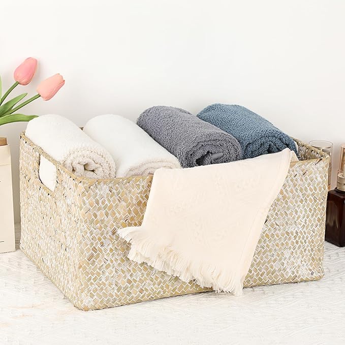 Hipiwe Wicker Shelf Baskets Seagrass Storage Opened Baskets Bin Built-in Handles Rectangular Closet Bedroom Organizer Box Multipurpose Woven Basket Home Organizer,Whitewash,14.6"x 10.6" x 7"