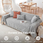 VClife Boho Gray White Couch Cover Plush Soft Chenille Couch Cover for 3-4 Cushion Couch Sofa, 1 PC Washable Breathable Bohemian Sofa Cover for Sectional Couch Thick Furniture Protector 71" x 150"