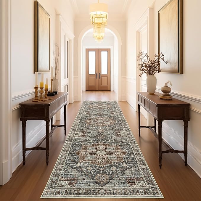Washable Runner Rug 2.6x8 Runners for Hallways, Ultra-Thin Carpet Runners for Entryway Anti Slip Backing Runner Rugs for Kitchen Laundry Room Indoor Hallway (Grey/Brown/Tan)