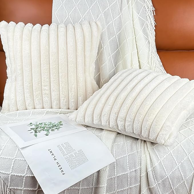 18x18 Throw Pillow Covers Set of 2, Decorative Faux Fur Covers for Bed, Couch Soft Fluffy Pillow Cover with Velvet Back for Living Room, Neutral Home Décor Accent for Sofa - Cream White
