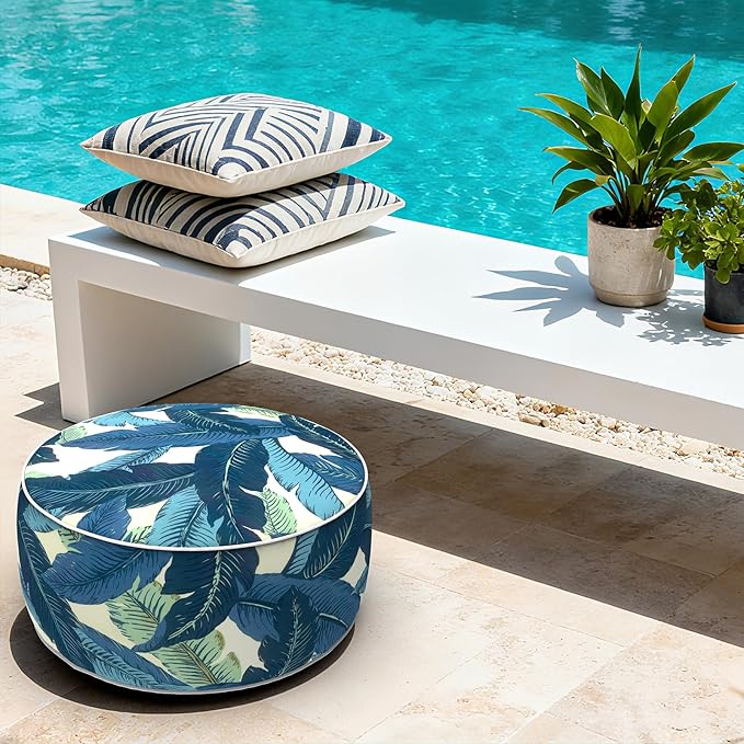 LVTXIII Indoor/Outdoor Inflatable Ottoman with Handle D21 x H9 Inch, Weather-Resistant Round Footstool Pouf for Patio Camping Living Room, Portable Footrest Extra Seating, Swaying Palms Blue
