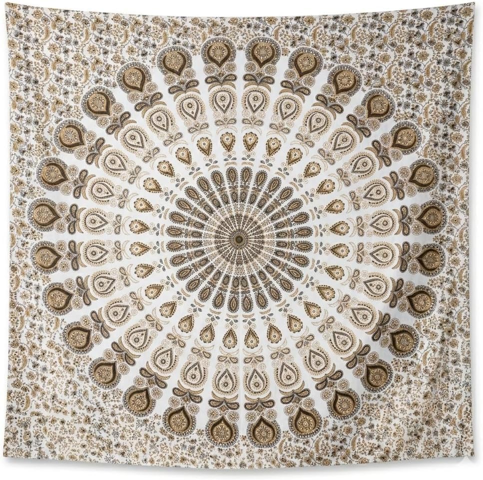 FURNISHFUL FINESSE Handmade Cotton Peacock Mandala Tapestry - White Gold Indian Boho Wall Decor, Shimmery Bohemian Hippie Room Hanging - 30x40 Inches, (White Gold) - color: White Gold, size: 40"L x 30"W