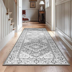 Lessymo 2 x 6 Runner Rug for Hallway, Machine Washable Entryway Rugs Boho Faux Wool Low Pile Long Rug for Bedroom, Floral Medallion Vintage Rugs with Non-Slip Rubber,Grey Beige