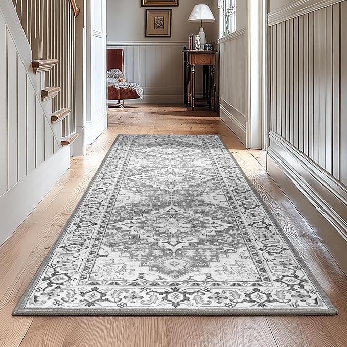 Lessymo Runner Rug for Hallway, Machine Washable Entryway Rugs Boho Faux Wool Low Pile Long Rug for Bedroom, Floral Medallion Vintage Rugs with Non-Slip Rubber, 2.6 x 8, Grey Beige