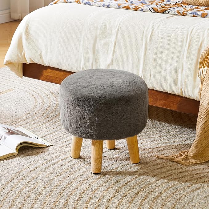 YMYNY Round Pouf Ottoman Small Foot Stool Faux Fur Foot Rest for Couch Modern Boho Footstools with Wood Legs for for Living Room Bedroom Office 12.6" D×12.6" W×12.6" H Dark Gray UHBD035GR