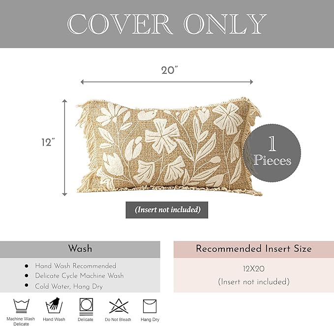 BlissBlush Jute Decorative Spring Accent Lumbar Throw Pillow Cover 12X20, Neutral Floral Farmhouse Textured Pillowcase for Couch Sofa Living Room,Outdoor Lounge(Cover Only)