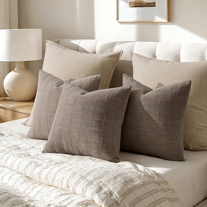 Woaboy Linen Check Throw Pillow Covers Taupe Gray Farmhouse Modern Boho Vintage 18x18 Inch Set of 2 Decorative Cushion Covers for Sofa Couch Bedroom Living Room Home Decor