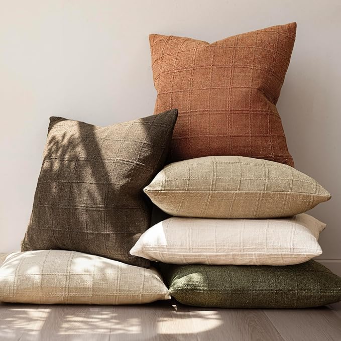 Foindtower Set of 2 Decorative Linen Check Throw Pillow Covers Neutral Farmhouse Vintage Cushion Covers Cozy Modern Boho Home Decor for Sofa Chair Couch Bedroom Living Room,14×36 Inch,Orange