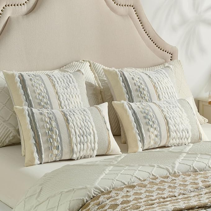 FUTEI White Grey Blue Accent Throw Pillow Covers Set of 2, 20x20 Inch Plush Tufted Striped Textured Decorative Cushion Cases for Farmhouse Boho Couch Decor