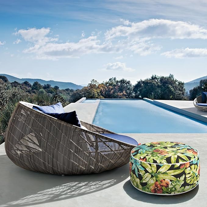 Outdoor/Indoor Inflatable Ottoman Pouf D20 xH9, All Weather Round Footstool with Foot Pump, Water Repellent Portable Footrest with Handle for Patio Garden Camping Travel-Tropical Green Leaves
