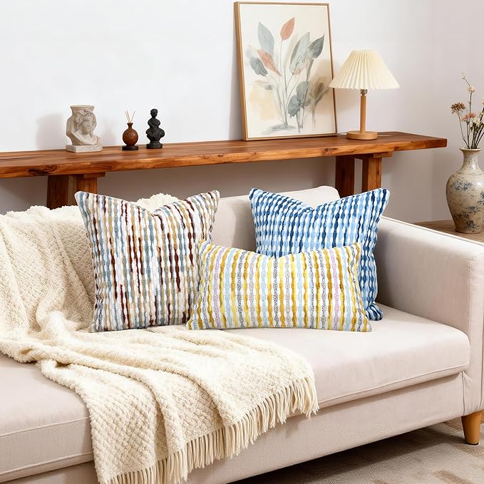 Boho Decorative Throw Pillow Covers 18x18 Inch, Chenille Tufted Pillow Cover Stripe Textured Square Farmhouse Accent Pillowcase for Couch Sofa Bedroom Living Room, Red White Khaki Grey 2 Pack