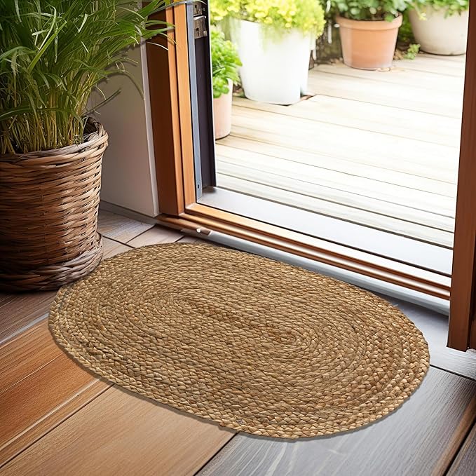 Chardin home Hand Woven Natural Jute Braided Rug -18x30 Inch Oval | Vintage Boho Reversible Doormat for Entryway, Front Door | Farmhouse Natural Fiber Rugs for Bedroom, Kitchen, Living Room