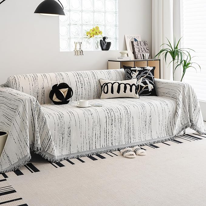 Chenille Couch Cover Pet Friendly, Sofa Cover Washable, Reversible Sofa Slipcover for Sectional Sofa, Loveseat, 2 or 3 Cushion Couch, Corner Sofa, Futon Cover (71" X 118", White)