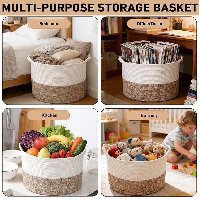 90L Large Blanket Basket,21.7"L x 21.7"W x 13.8"H Rope Woven Baskets with Handles, Toys Storage Bins,Laundry Basket Perfect for Living Room, Nursery,Bedroom,Home Organization,White&Brown