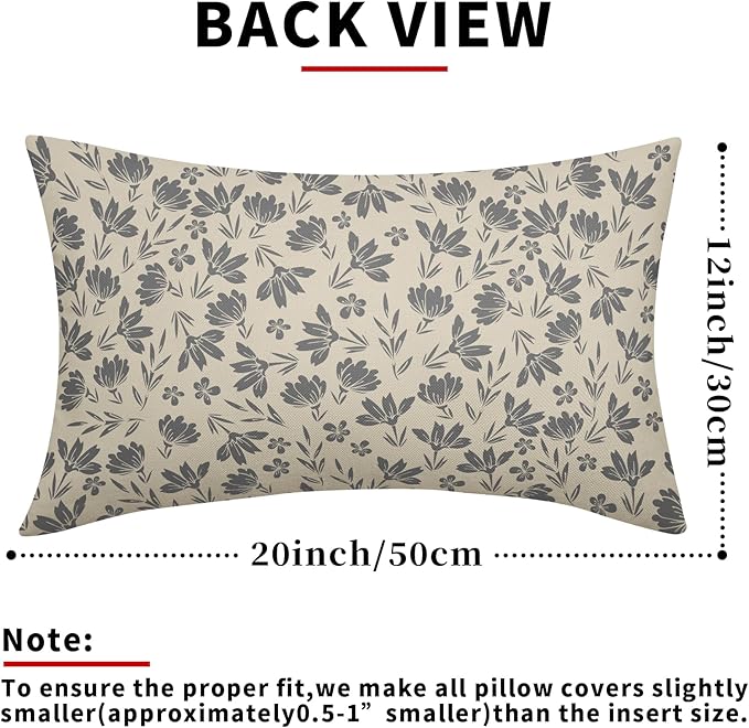Grey Floral Pillow Covers 12x20 Set of 2 Vintage Rustic Old Style Cute Small Flower Gray Cream Print Rectangle Decorative Outdoor Pillowcases Fall Farmhouse Throw Cushion Case Couch Sofa Bed Decor