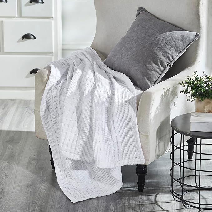 VHC Brands 100% Cotton Waffle Weave White Throw 50x60, Decorative Cotton Throw Blanket, Boho Farmhouse Bedroom, Living Room Decor for Bed, Couch, or Sofa