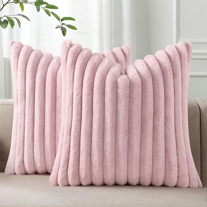 Pallene Faux Fur Plush Throw Pillow Covers 18x18 Set of 2, Luxury Soft Fluffy Striped Decorative Pillow Covers for Sofa, Couch, Living Room, Blush Pink