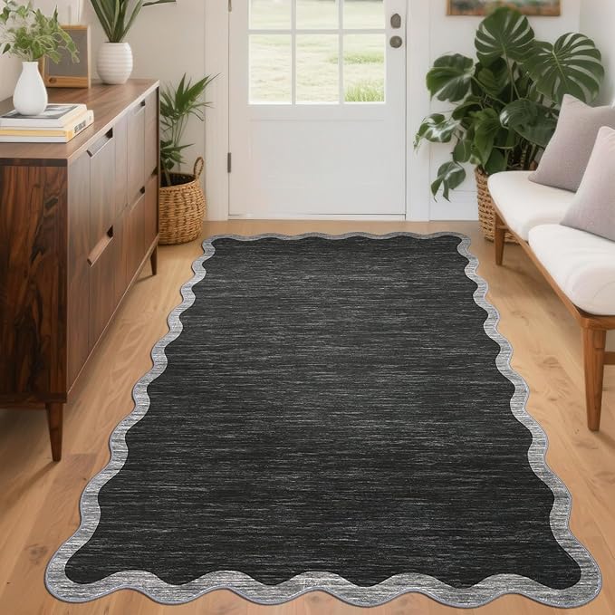 GarveeHome Scalloped Area Rug 4x6 - Washable Boho Bordered Non-Slip Entryway Rug, Neutral Farmhouse Living Room Rug Soft Throw Rugs for Entrance Hallway Bedroom Kitchen Nursery, Black