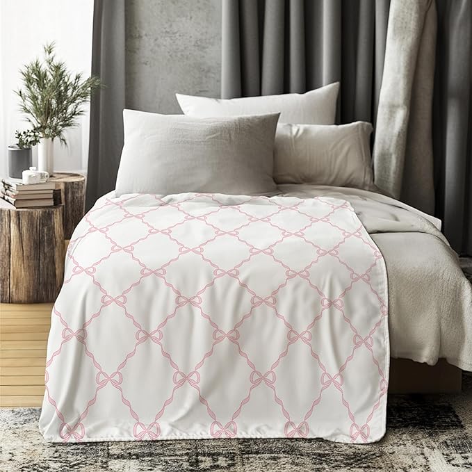Coquette Pink Bow Blanket, Preppy Throw for Couch Bed Sofa, Cute Girly Bedroom Decor for Girls Women, Coquette Room Decor, 50x60 Inches