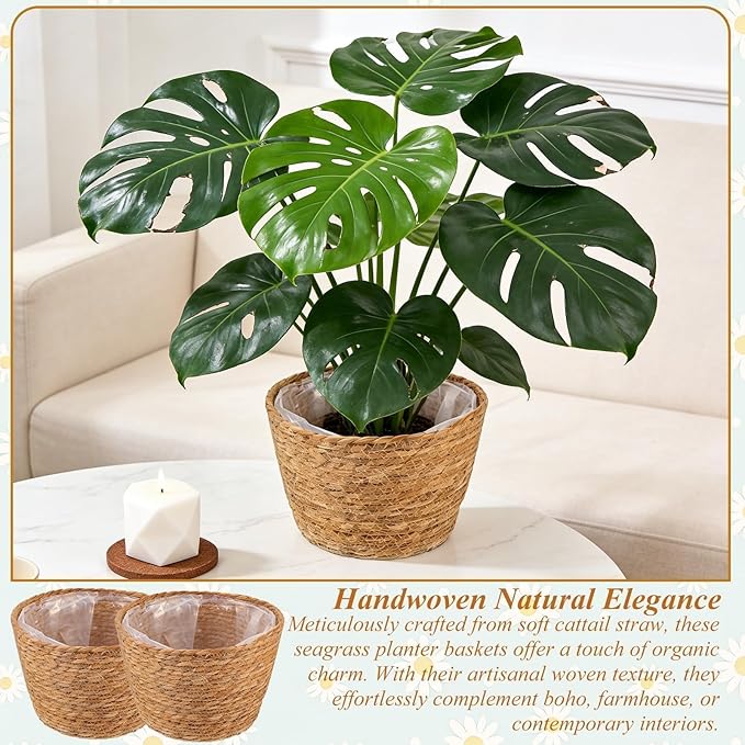 2PCS Seagrass Plant Basket for Indoor and Outdoor,Rattan Large Planter Basket with Liner for 6 inch Pot,Wicker Plant Pot Covers for Potted Plants,Woven Storage Baskets for Rustic Boho Farmhouse Decor