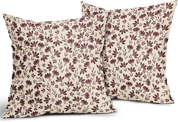 Burgundy Floral Pillow Covers 22x22 Set of 2 Vintage Rustic Old Style Cute Small Flower Burgundy Red Cream Print Decorative Outdoor Pillowcases Farmhouse Throw Cushion Case Decor for Couch Sofa Bed