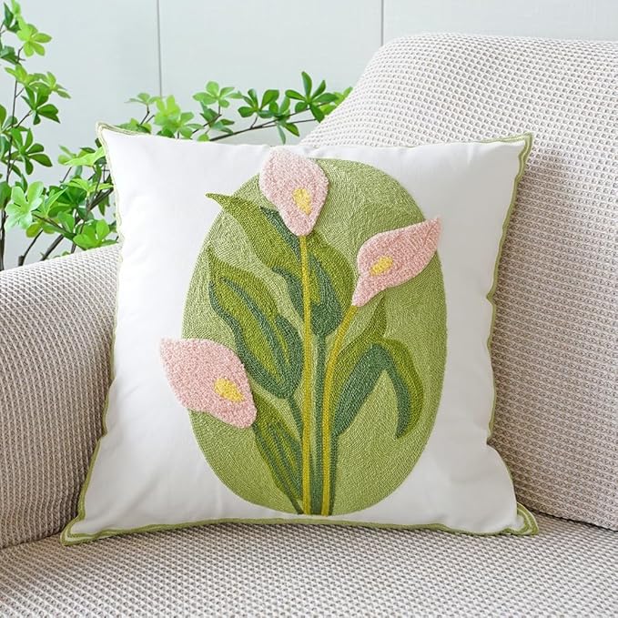 vctops Farmhouse Calla Lily Cotton Tufted Throw Pillow Cover Spring Floral Embroidery Pillowcase Soft Square Cushion Case for Sofa Couch Bed Chair (Pink C,18"x18")