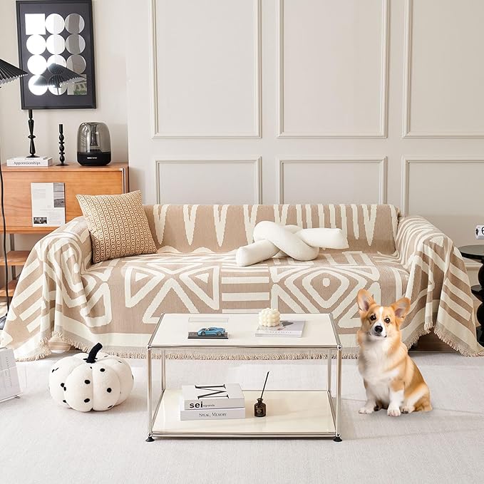 ROOMLIFE Khaki Boho Couch Cover for 3 Cushion Couch L Shape Sofa Covers for Sectional Sofa Reversible Silpcover for Dogs Washable Chenille Furniture Protector for Living Room, 71"x150"