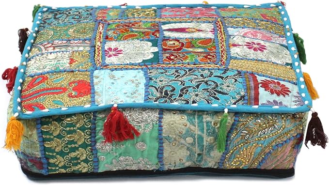 Mam Treasures Indian Bohemian Decorative Pillow Vintage Cushion Cover Patchwork Square Floor Pillow Cover Meditation Cushion Large Floor Pillow Indian Cushion (Light Blue, 22 X 22 X 5 Inch)