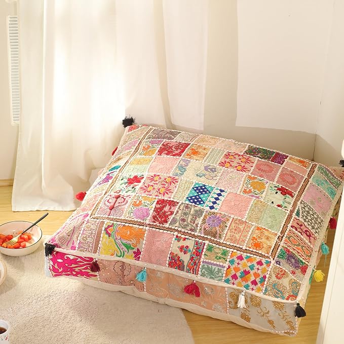 THE ART BOX Cotton Patchwork Vintage Boho Embroidered Floor Pillows & Cushion Cover Dog Pouf Seating Pouf Meditation Pillow Pet Bedding Cat Bed Boho Home Décor (35x35 Inches, Cover Only)