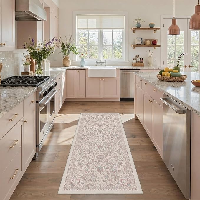 GENIMO 5x7 Area Rugs for Living Room, Machine Washable Non Slip Vintage Rugs, Low Pile Lightweight Chenille Print Rug for Bedroom, Dining Room, Home Office, Dusty Rose