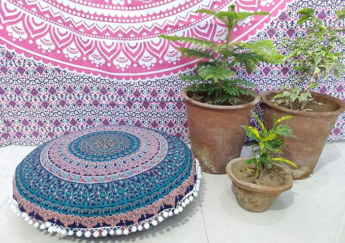 INDIAN CRAFT CASTLE 24" Brown Peacock Mandala Barmeri Large Floor Pillow Cover Cushion Meditation Seating Ottoman Throw Cover Hippie Decorative Zipped Bohemian Pouf Ottoman Pom Pom Cases 24" Round