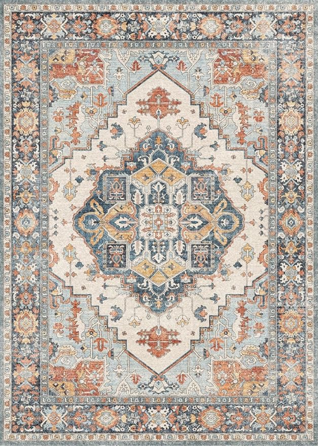 GENIMO 5x7 Area Rugs for Living Room, Machine Washable Non Slip Rugs, Low Pile Lightweight Print Rug for Bedroom, Dining Room, Home Office, Vintage Blue/Amber